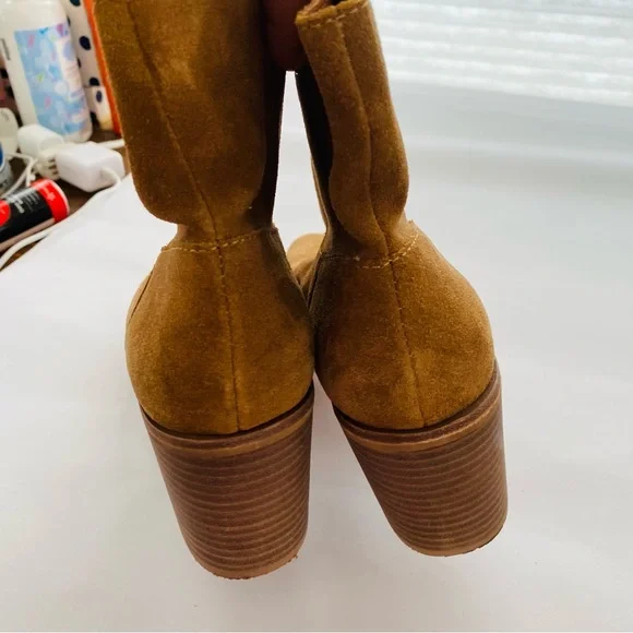 Lucky Brand Ryemi Brown Soft Suede Slip On Open Toe Heel Booties Size 9 - Picture 5 of 8